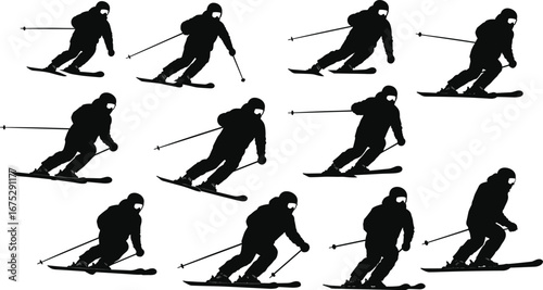 Silhouette skier downhill, winter sports action, extreme skiing, athlete performance, mountain adventure, outdoor snow activity, cold season sport, fitness challenge, energy