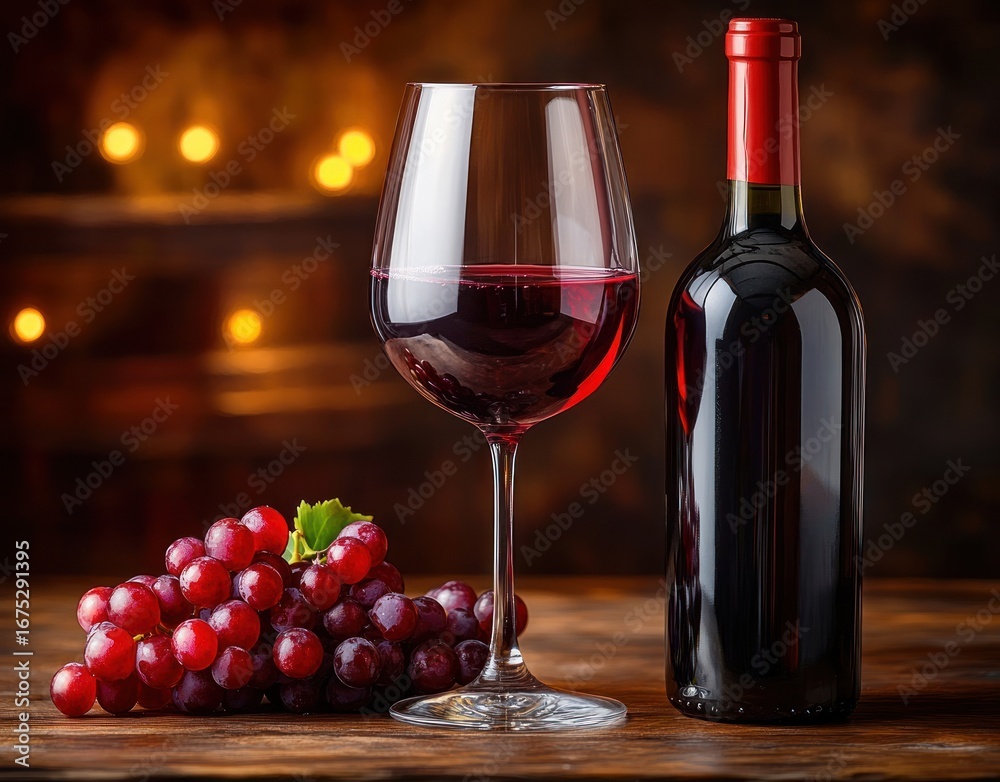 Obraz premium A glass of red wine next to a bottle of red wine and a bunch of fresh red grapes on a wooden surface with warm ambient light in the background