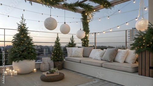 Minimalist Balcony with Neutral Decor and Winter Greenery USA