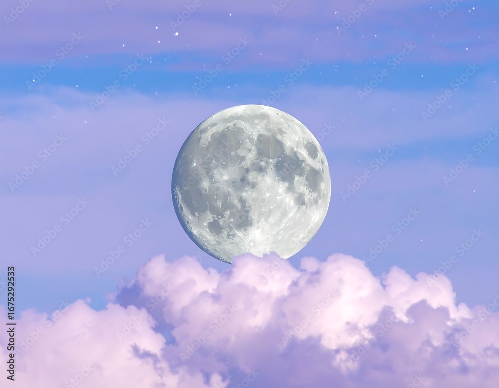Obraz premium Serene nightscape featuring a radiant moon suspended above pastel-colored clouds illuminating the