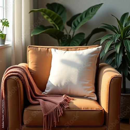 Pillow mockup armchair with pillow and blanket near window and plants in a bright living room interior scene indoors