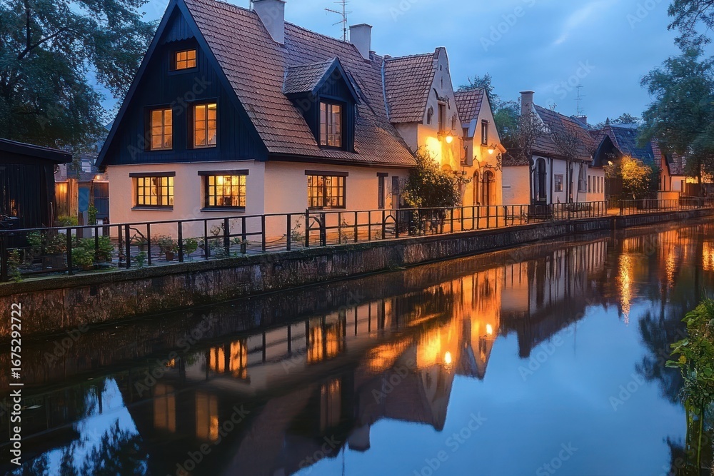 Obraz premium Cozy illuminated houses reflected in calm canal at dusk under a cloudy blue sky surrounded by trees and greenery