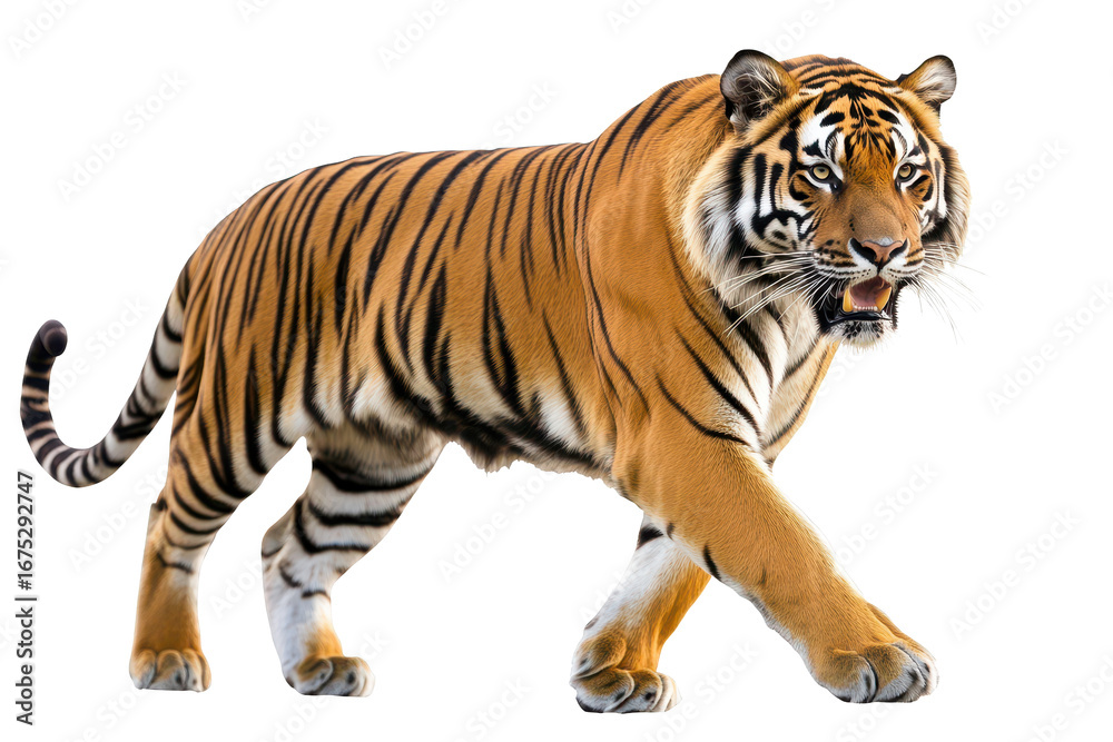 Obraz premium Majestic tiger walking confidently in its stride with vibrant fur pattern in a natural habitat setting