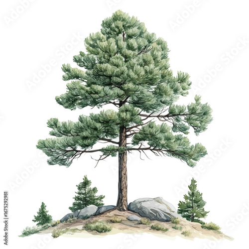 watercolor vector of Pine Tree, isolated on a white background.