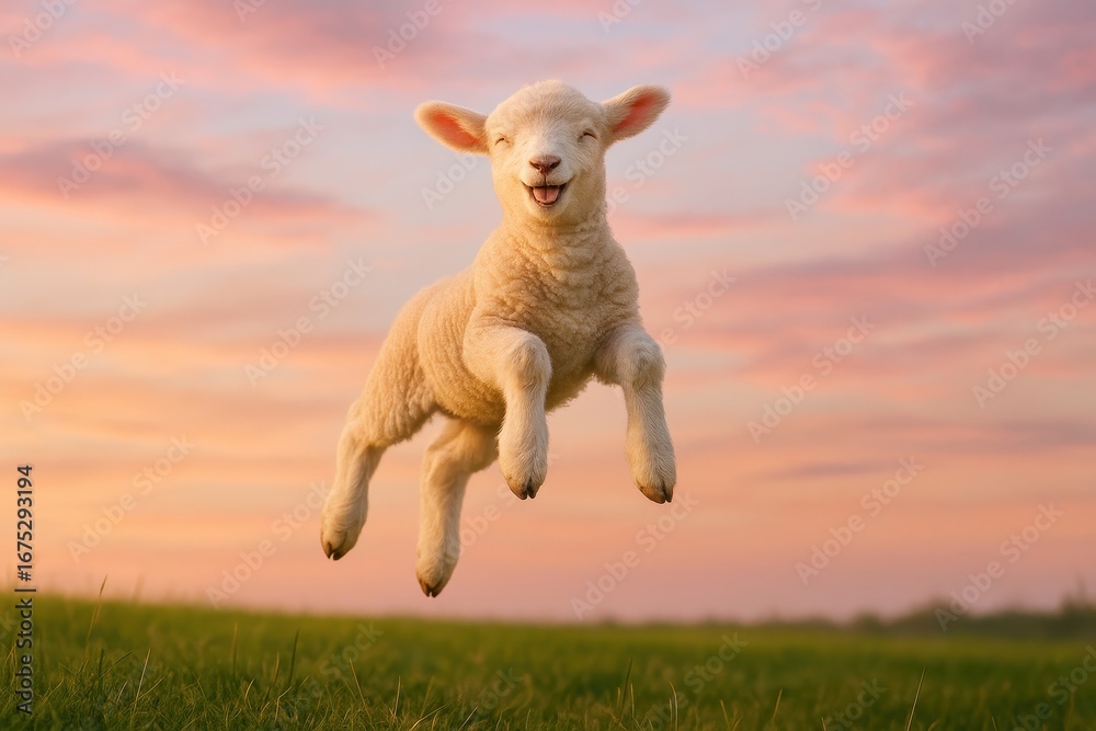 Fototapeta premium Joyful Lamb in Mid-Air: A delightful lamb leaps through the air, showcasing a pure sense of joy against a soft, pastel sunset sky, captured in perfect focus.