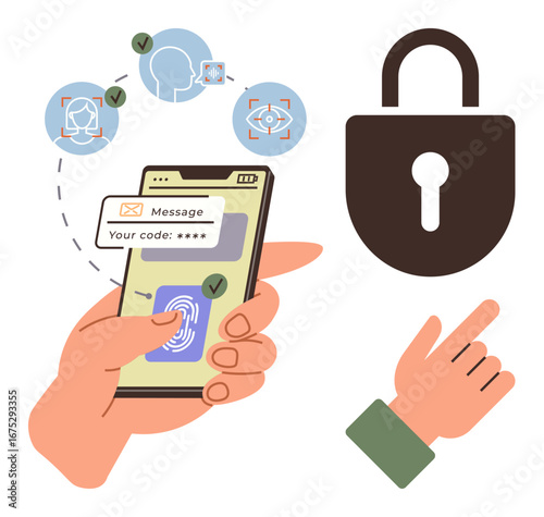 Hand holding smartphone displaying fingerprint scan and secure code input, surrounded by facial recognition, iris scan, and lock symbol. Ideal for security, privacy, cybersecurity, authentication