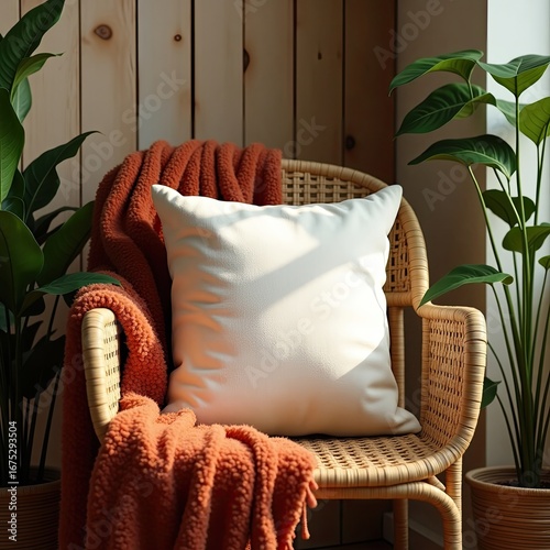 Pillow mockup a woven chair with a white cushion and orange blanket next to plants against a wooden background indoors