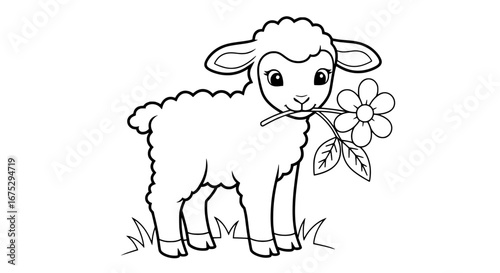 Cute sheep holding a flower with transparent background