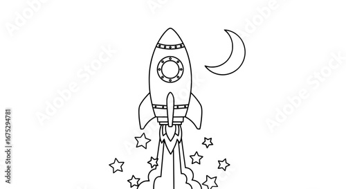 Rocket launching with stars and moon with transparent background