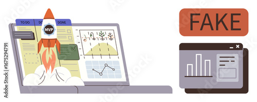 Rocket labeled MVP launching from laptop displaying charts, graphs, and to-do lists with a FAKE alert nearby. Ideal for innovation, startup strategies, project management, data analysis, digital