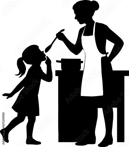 A black silhouette of a mother cooking in the kitchen, while her daughter secretly tastes the food, vector style on a clean white background