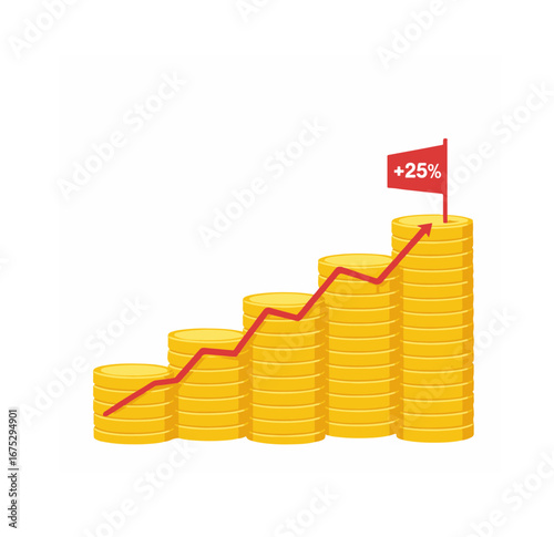 Red graph line showing 25% tax increase on stacks of gold coins