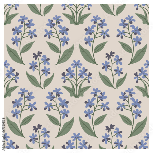 This charming seamless pattern features soft blue flowers with gentle green leaves, set against a light beige background. The sweet, delicate design evokes a fresh, natural feeling.