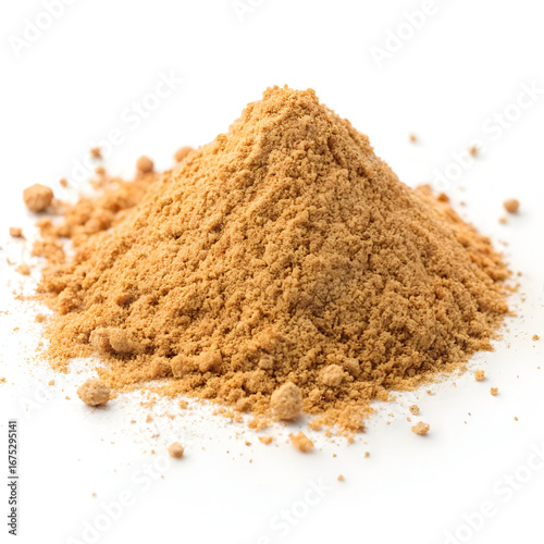 Mesquite powder isolated on white background, featuring its fine texture, light brown color