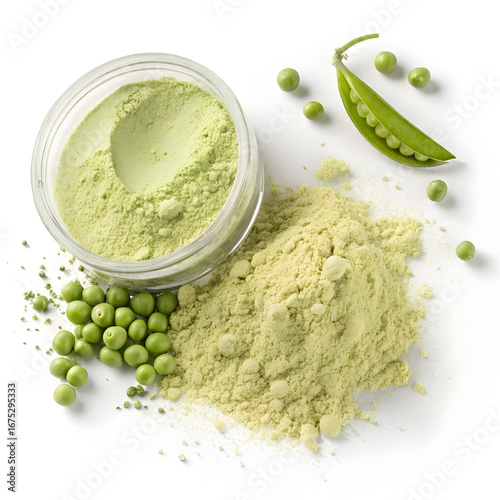 Pea protein powder isolated on white background, featuring its fine texture, light beige color,