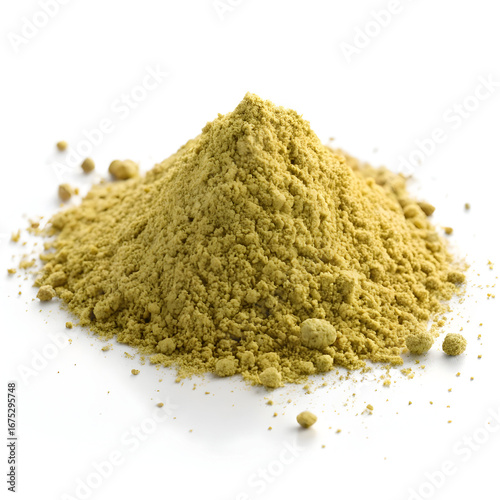Pumpkin seed protein powder isolated on white background, featuring its fine texture, light greenish color