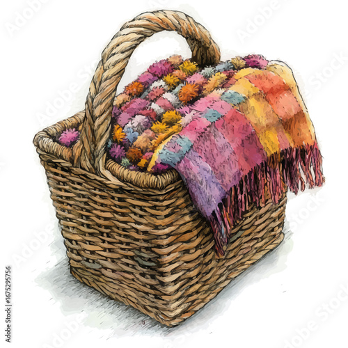Picnic Basket Summer Blanket, watercolor clipart vector, isolated on a white background.