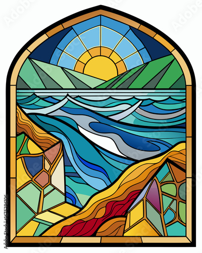 sea, Stained Glass Style, white background
