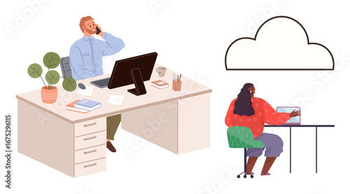 Two office workers collaborate using digital tools. One works at a desk with a computer and phone, while the other uses a laptop near a cloud symbol. Ideal for teamwork, communication, remote work
