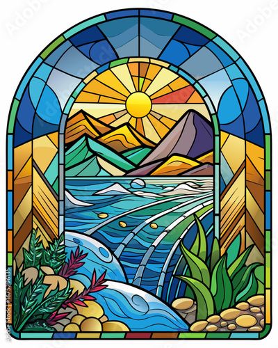 sea, Stained Glass Style, white background