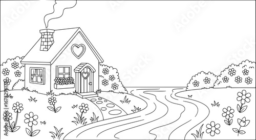 House with heart window and garden with transparent background