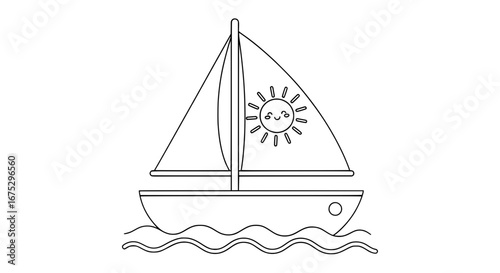 Sailboat with smiling sun on the sailboat with transparent background