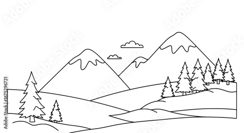 Scenic mountain landscape with trees and clouds on transparent background