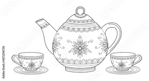 Decorative teapot with ornate patterns and two cups with transparent background