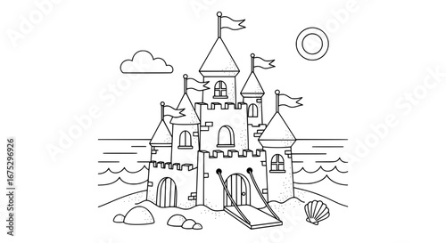 Castle with flags and sea elements on transparent background