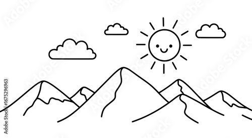 Mountain landscape with smiling sun and clouds with transparent background