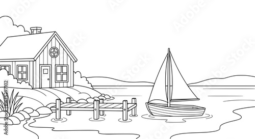 Lighthouse and boat by the lake with transparent background