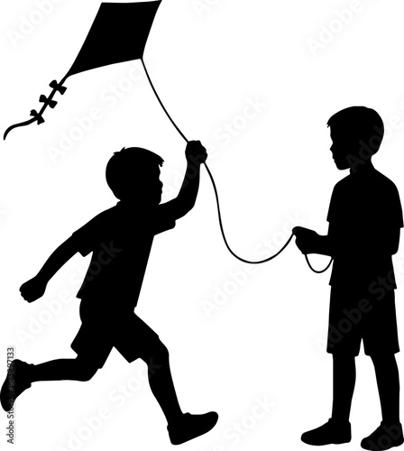 A vector silhouette of a boy flying a kite, while his friend holds the spool tightly, isolated on white