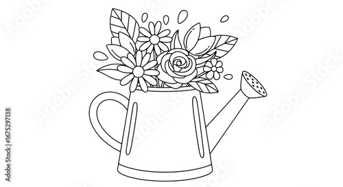 Flower bouquet in watering can with transparent background