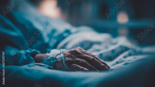 Close-up of elderly patient hand with IV drip in hospital bed, symbolizing critical condition, palliative care, and end-of-life support in medical or healthcare environments.