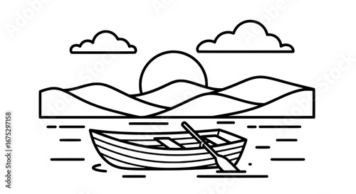 Boating on a lake at sunset with transparent background