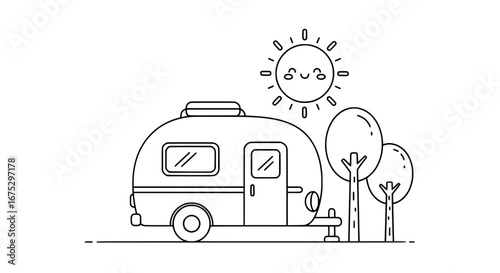 Minimalist camping trailer with trees and sun with transparent background