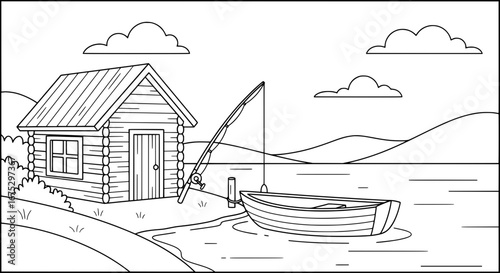 Log cabin by lake with transparent background
