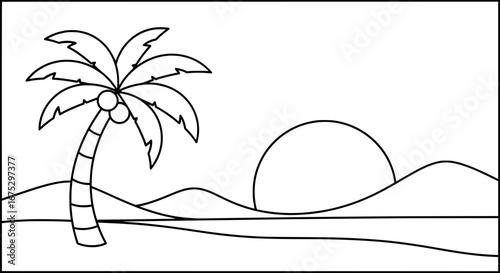 Tropical beach with sunset and palm tree with transparent background