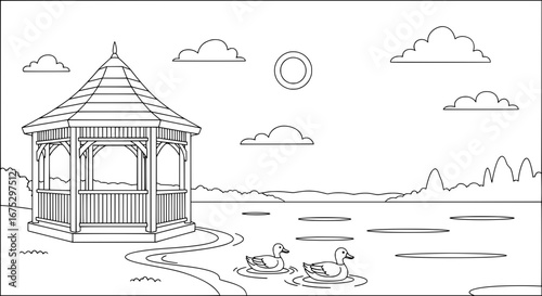 Lakeside gazebo with transparent background