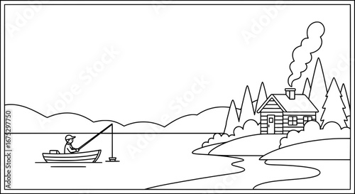 Lake scene with a person fishing and cabin with transparent background
