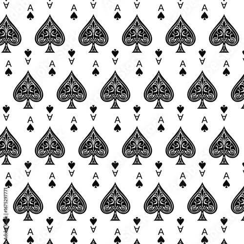 Elegant, seamless spade pattern background. Perfect for casino themes, game design, or stylish decor. This versatile black & white pattern offers classic appeal with a modern, clean look for any proje