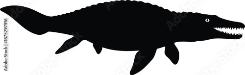Silhouette of a fierce mosasaurus dinosaur swimming with sharp teeth and powerful limbs vector
