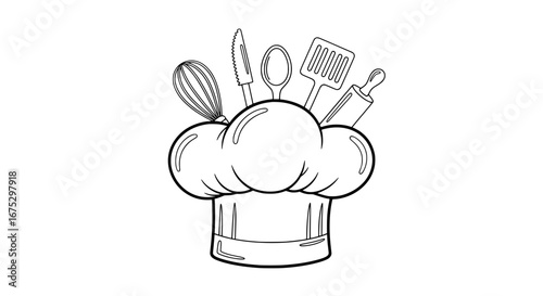Kitchen chef hat with cooking utensils and transparent background