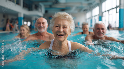Group of seniors participating in water aerobics class, indoor pool, active lifestyle.
