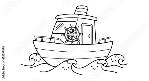 Line art of a boat with steering wheel and hat with transparent background