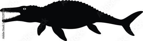 Silhouette of ferocious mosasaurus dinosaur in profile view with open mouth vector