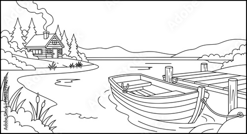 Serene lakeside scene with boat and cabin with transparent background
