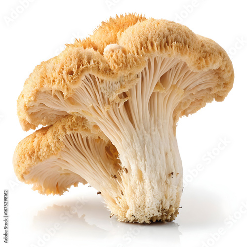 Dried lions mane mushroom isolated on white background, showcasing its unique shaggy texture