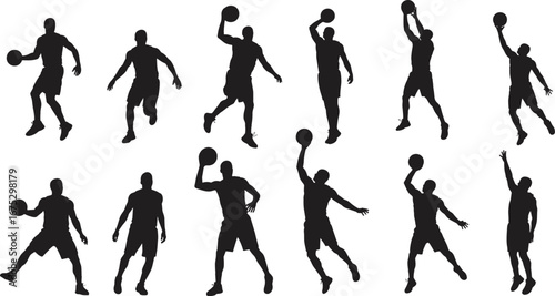 Basketball player silhouettes, dribbling, dunking, shooting, slam dunk, jump shot, athletic movement, fitness sports, competition action, vector illustration design