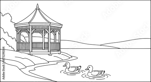 Scenic lakeside pavilion with transparent background